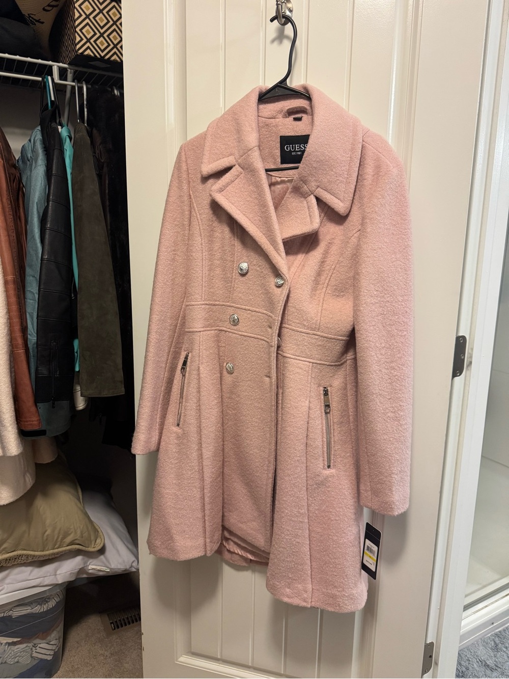 GUESS Pink Double-Breasted Wool-Blend Pea Coat